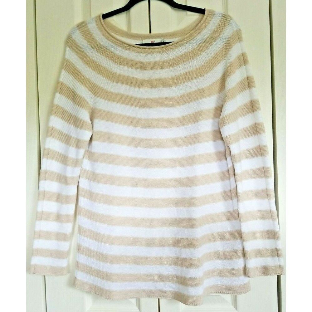 Vineyard Vines Tan/White Stripe Women's Crewneck Lightweight Sweater Size XXS.